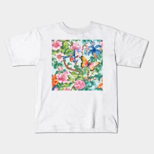 Modern chinoiserie flowers, birds and butterflies pattern Kids T-Shirt